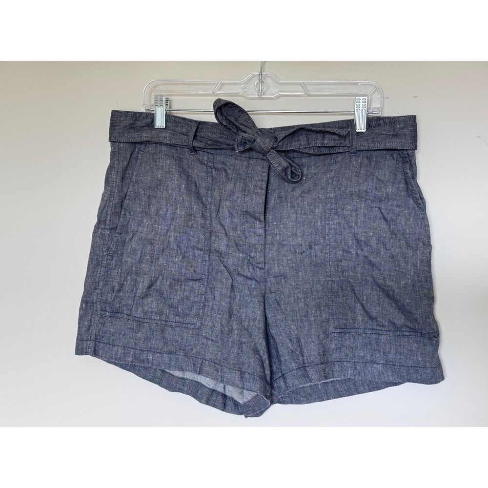 Ann Taylor Navy Blue Linen Blend Tie Waist Shorts Size 12 High Rise Chambray